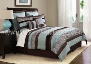8PC SoHo Cool Aqua Blue Brown QUEEN Comforter Set CS7927AB8