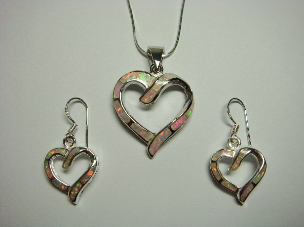 925 Sterling Silver Earrings Pendant Set White Opal Heart