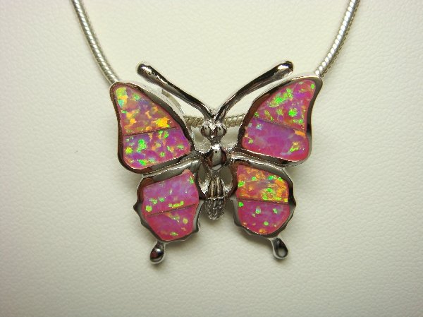 Sterling Silver Pendant Pink Opal Butterfly