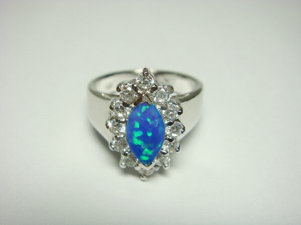 925 Sterling Silver Ring Hawaiian Blue Marquis Opal & CZ