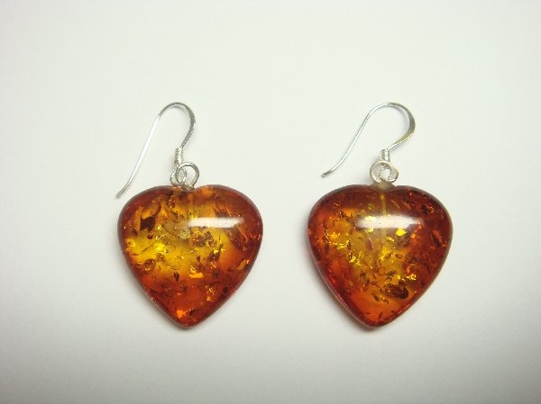 Sterling Silver Dangle Earrings Set with Heart Amber