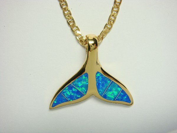 18K Gold Vermeil Pendant Necklace Hawaiian Blue Opal Whale Tail