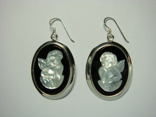 Sterling Silver Dangle Oval Earrings Mother of Pearl Angel