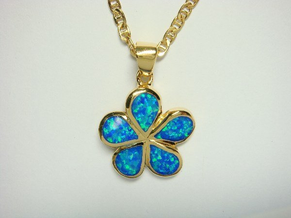 18K Gold Vermeil Pendant Necklace Blue Opal Plumeria