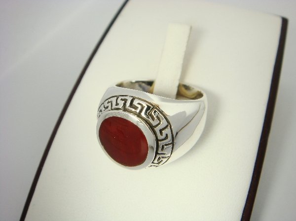Sterling Silver Man's Round Carnelian Greek Key Ring