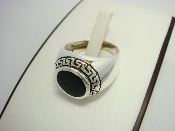 925 Sterling Silver Men's Round Onyx Greek Key Ring