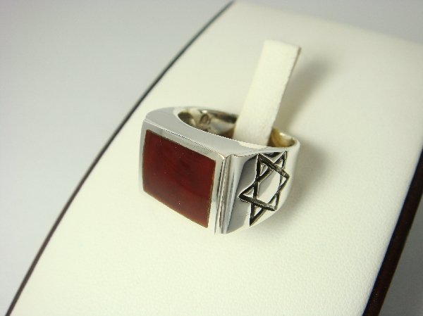 Sterling Silver Man's Rectangle Carnelian Star of David Ring