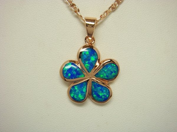 18K Rose Gold Vermeil Pendant Hawaiian Blue Opal Plumeria