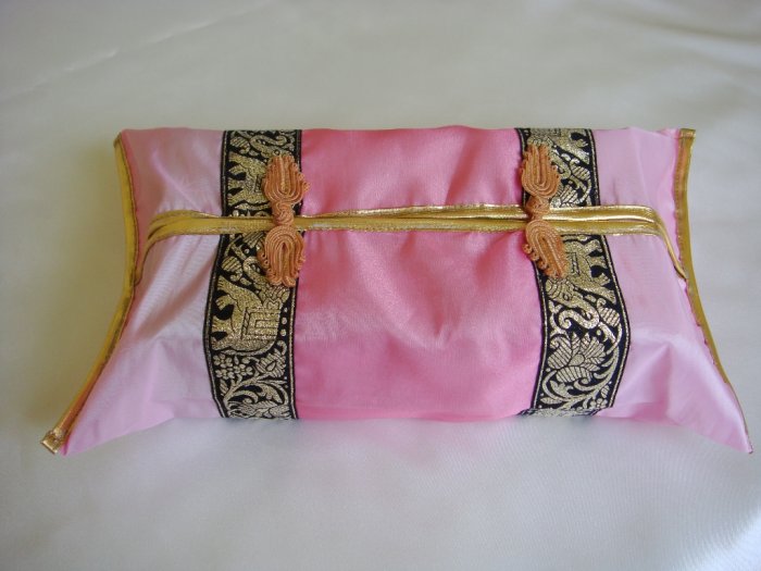 Thai Silk Pink Gold Elephant Flower Embroidery Tissue Box Cover