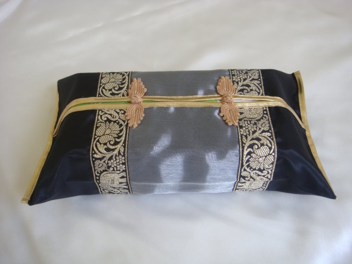 Thai Silk Black Gray Gold Elephant Flower Embroidery Tissue Box Cover
