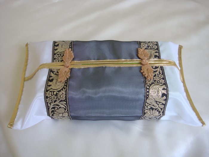 Thai Silk White Gray Gold Elephant Flower Embroidery Tissue Box Cover