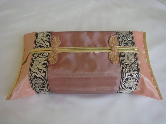 Thai Silk Brown Gold Elephant Flower Embroidery Tissue Box Cover