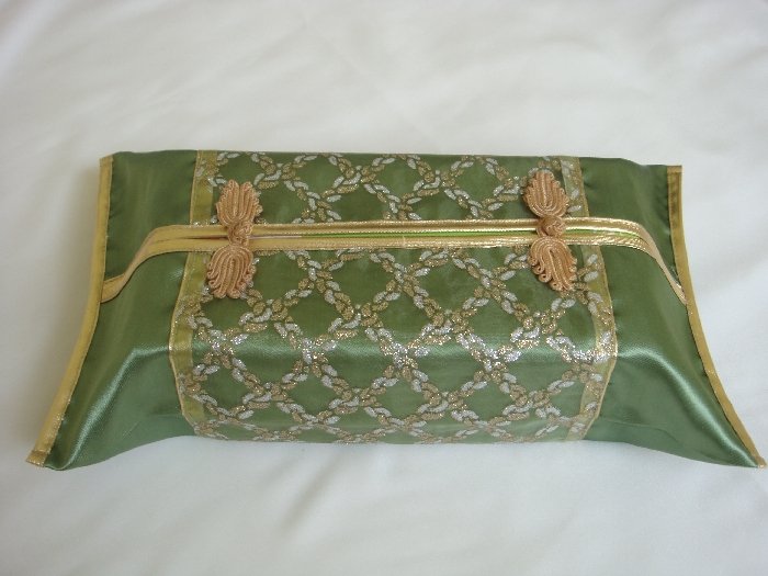 Thai Silk Green Gold Classy Checkered Embroidery Tissue Box Cover