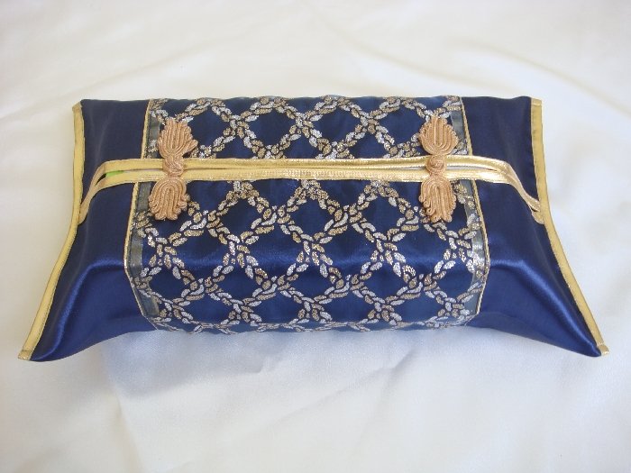 Thai Silk Blue Gold Classy Checkered Embroidery Tissue Box Cover