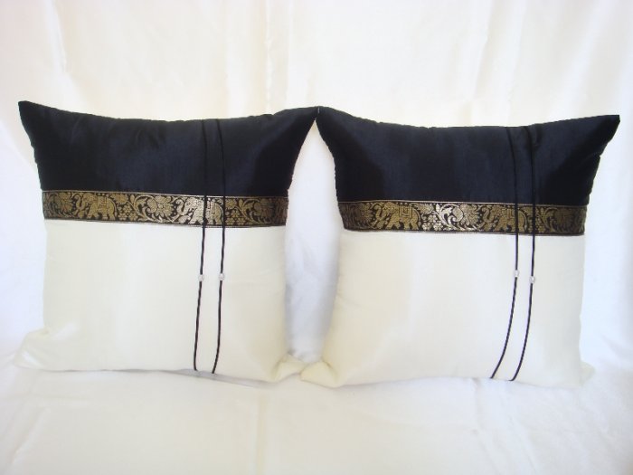 Set of 2 Thai Silk Black Elephant Design Throw Cushion Pillow Cover