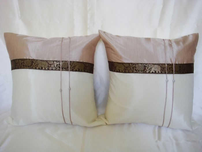 Set of 2 Thai Silk Light Brown Elephant Design Throw Cushion Pillow Covers