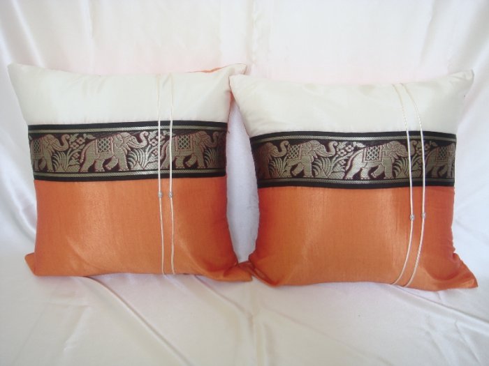 Set of 2 Thai Silk OrangeRed Big Elephant Design Throw Cushion Pillow Cover