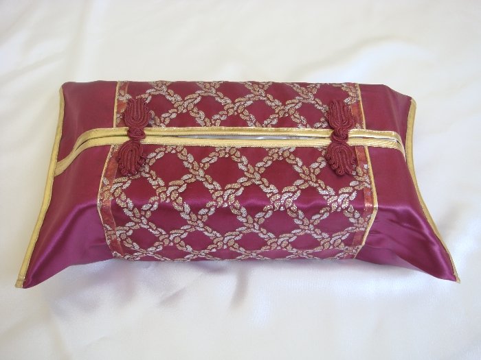 Thai Silk Burgundy Gold Classy Checkered Embroidery Tissue Box Cover