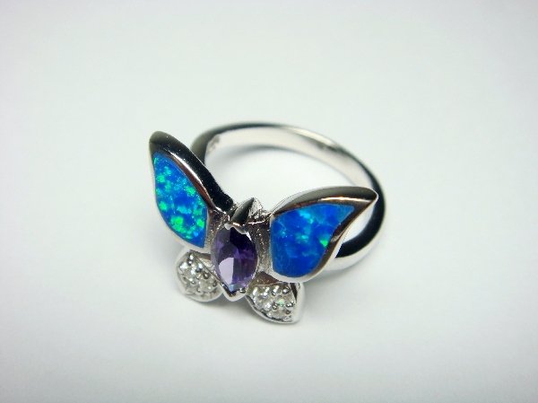 925 Sterling Silver Ring Hawaiian Blue Butterfly Opal & CZ