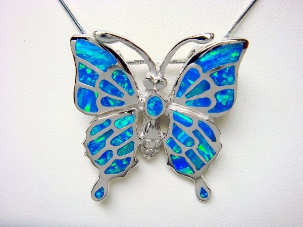 925 Sterling Silver Hawaiian Blue Opal Butterfly Brooch Pin Pendant