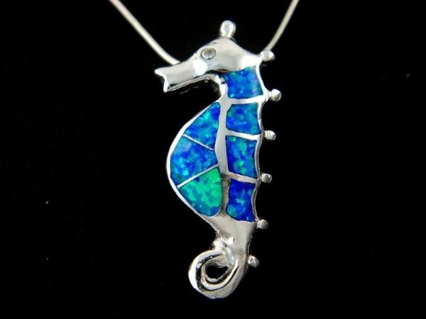 925 Sterling Silver Pendant Hawaiian Blue Opal Seahorse