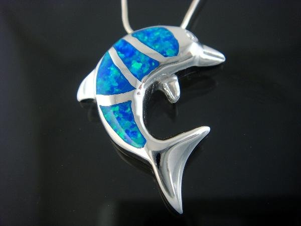 925 Sterling Silver Pendant Hawaiian Blue Opal Dolphin