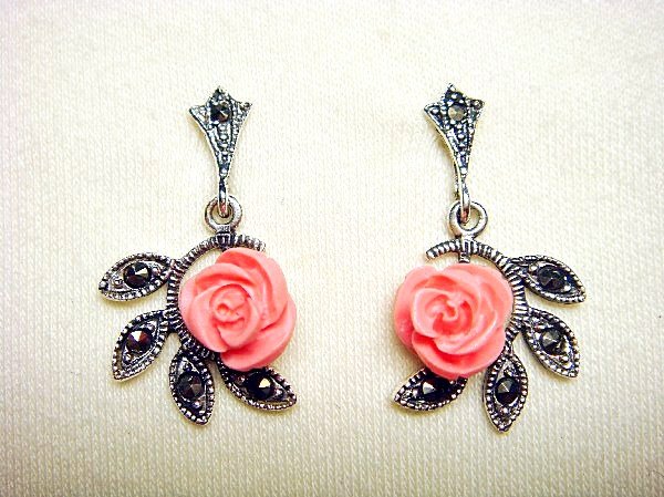 925 Silver Stud Earrings Coral Pink Rose & Marcasite