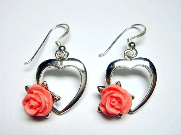925 Sterling Silver Dangle Heart Earrings Coral Pink Rose