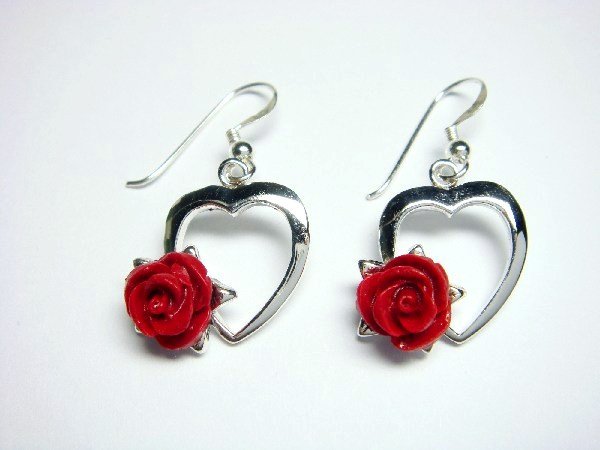 925 Sterling Silver Dangle Heart Earrings Coral Red Rose