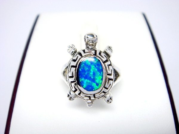 925 Sterling Silver Hawaiian Blue Opal Turtle Greek Key Ring