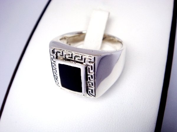 925 Sterling Silver Mens Rectangle Onyx Greek Key Ring
