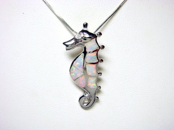 925 Sterling Silver Pendant White Opal Sea Seahorse