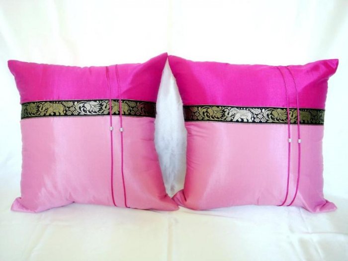 Set of 2 Thai Silk Pink Elephant Design Throw Cushion Pillow Cover