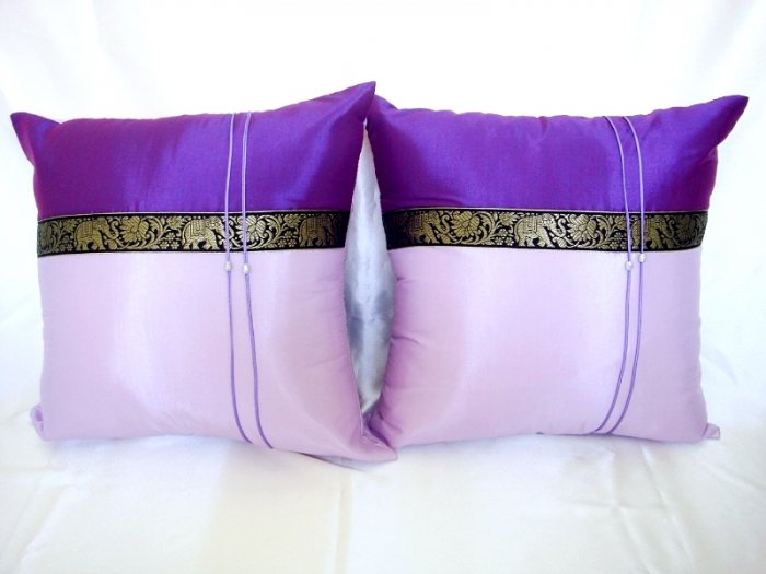 Set of 2 Thai Silk Purple Elephant Design Throw Cushion Pillow Cover