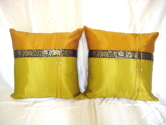 Set of 2 Thai Silk Gold GreenYellow Elephant Design Throw Cushion Pillow Covers