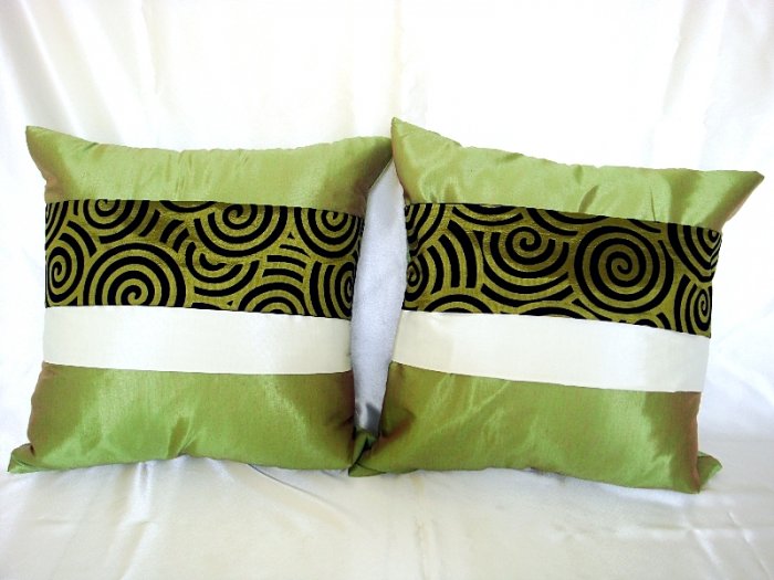 Set of 2 Thai Silk Green Throw Cushion Pillow Cover