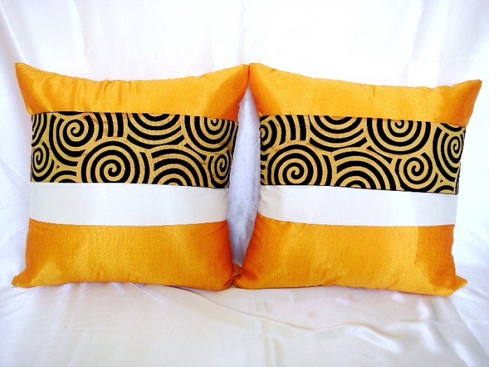 Set of 2 Thai Silk Orange Throw Cushion Pillow Cover