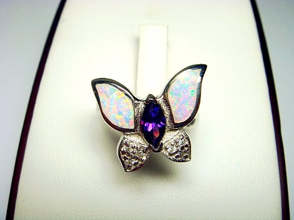 92Sterling Silver Ring Butterfly White Opal & CZ
