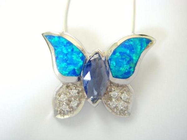 925 Sterling Silver Hawaiian Blue Opal CZ Butterfly Pendant