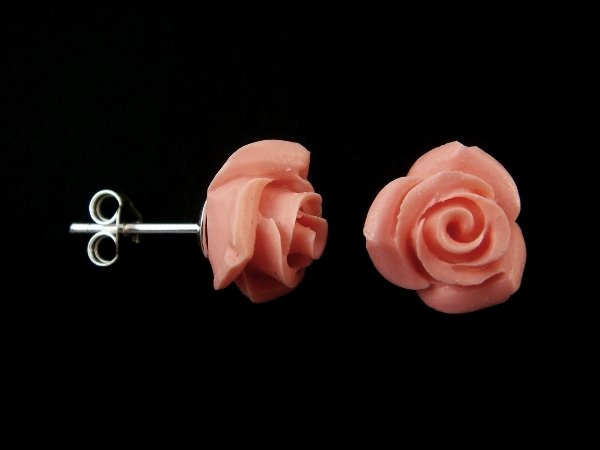 925 Sterling Silver Stud Earrings Flower Real Coral Rose