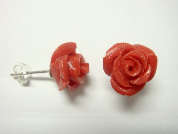 925 Sterling Silver Stud Earrings Flower Real Red Coral Rose