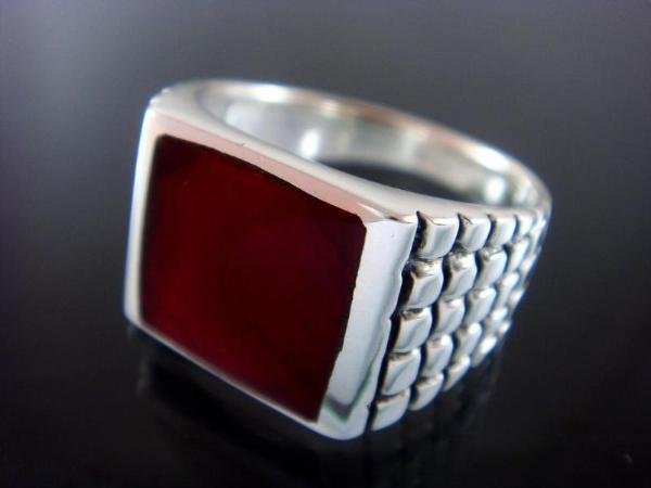 925 Sterling Silver Men's Square Carnelian Engraved Sides Ring 12gr