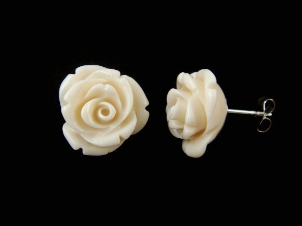 925 Sterling Silver Stud Earrings Flower Coral White Rose