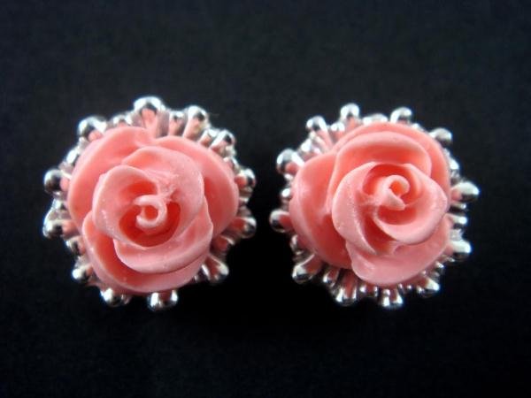925 Sterling Silver Stud Earrings Flower Coral Pink Rose