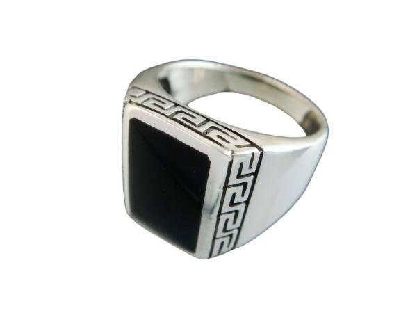 925 Sterling Silver Men's Rectangle Onyx Greek Key Meander Meandros Ring