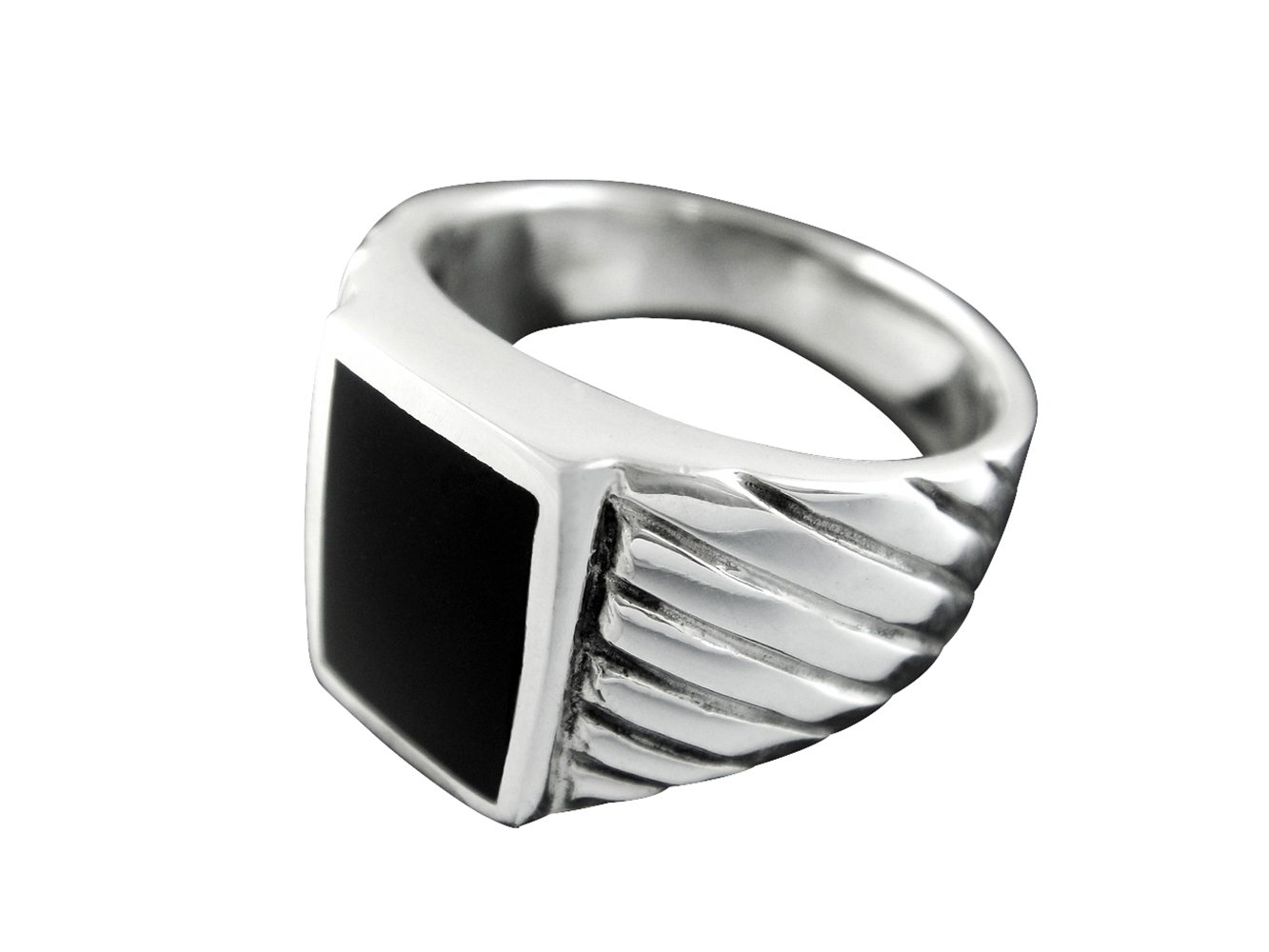 925 Sterling Silver Mens Rectangle Engraved Sides Black Onyx Ring 12gr