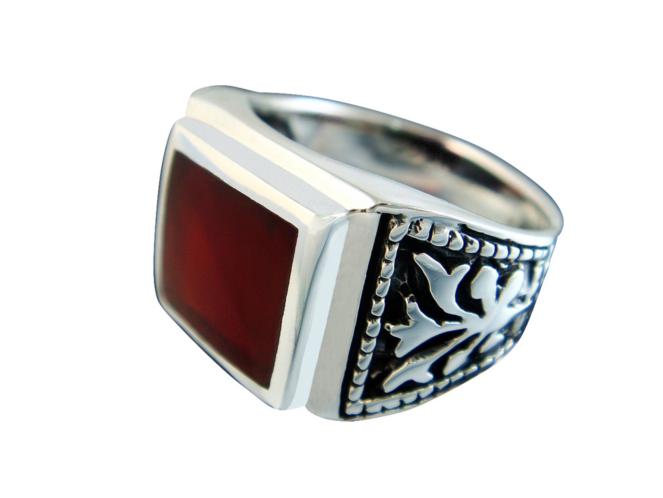 925 Sterling Silver Mens Square Carnelian Inlay Celtic Signet Engraved Side Ring