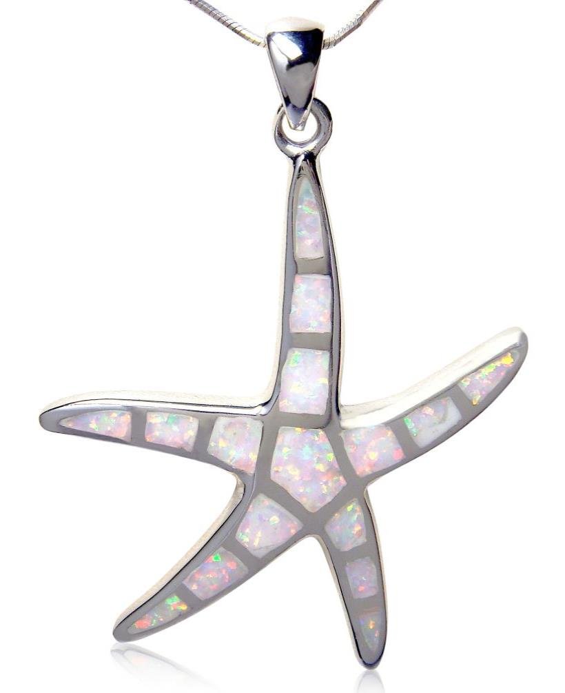 925 Sterling Silver White Opal Mosaic Inlay Sea Starfish Pendant