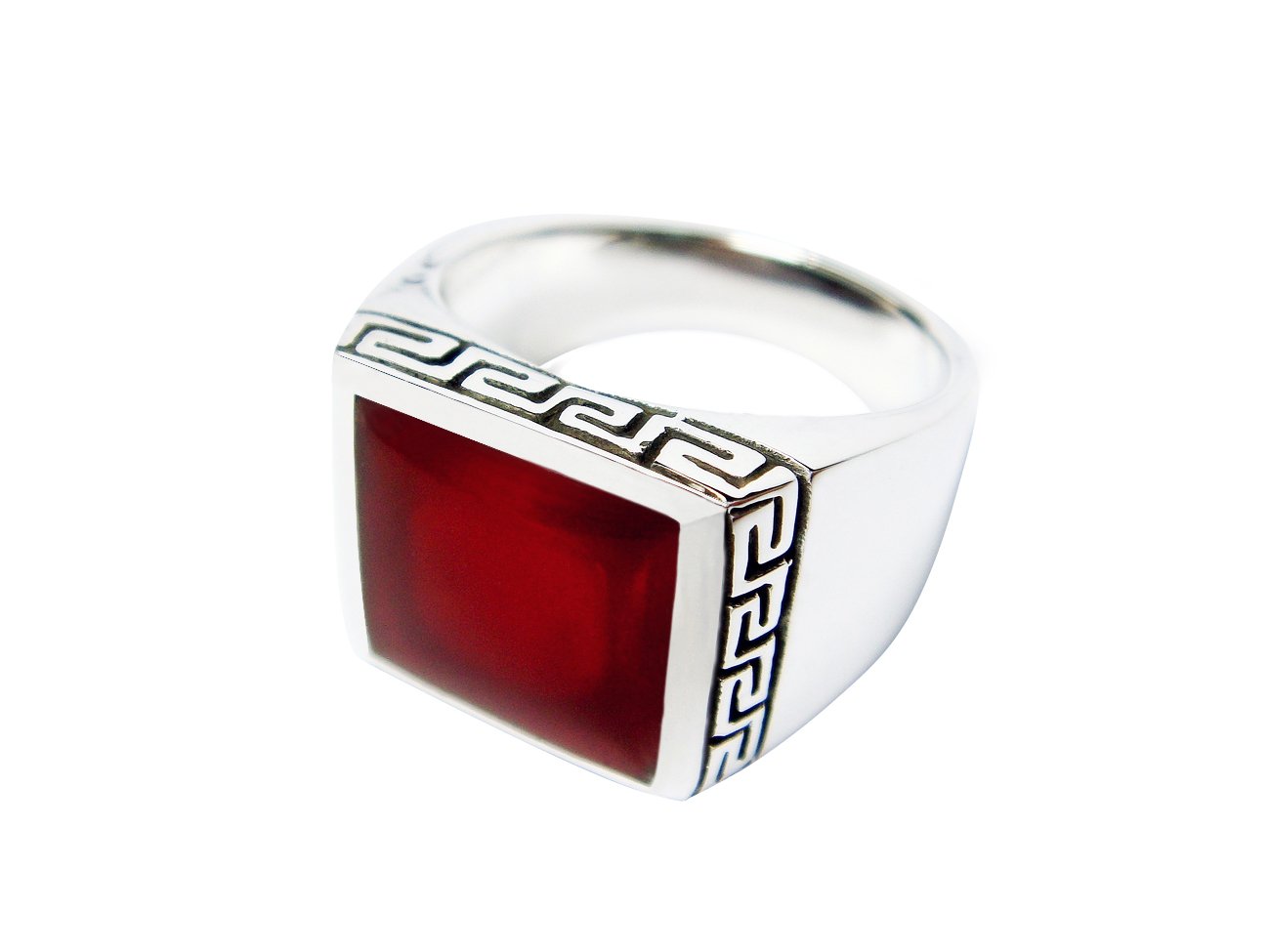925 Sterling Silver Mens Square Inlay Carnelian Greek Key Meander Ring