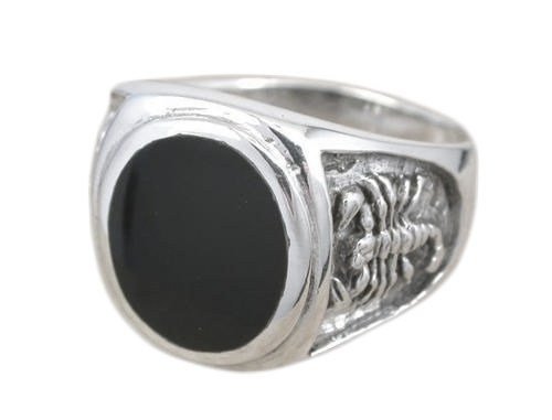 925 Sterling Silver Men's Oval Black Onyx Engraved Scorpion Thick Ring